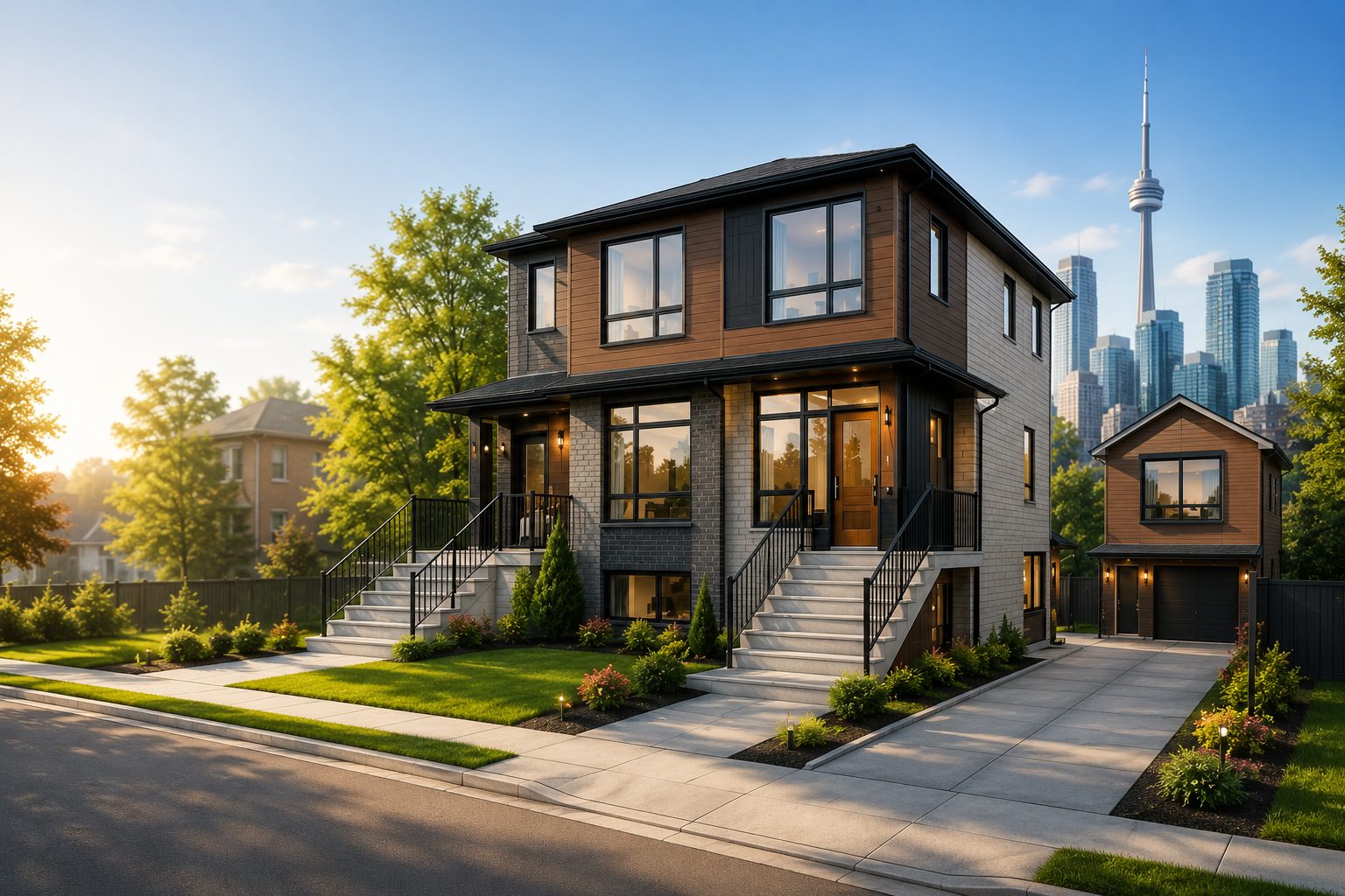A renovated Toronto multiplex home with a detached garden suite, CN Tower skyline in the background