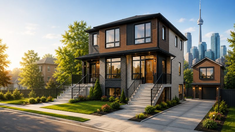 Toronto multiplex home with a detached garden suite and CN Tower skyline