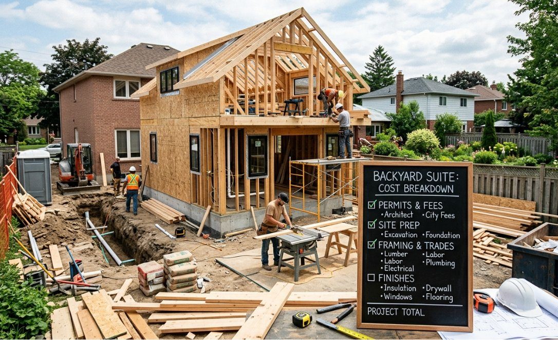 Backyard suite under construction with cost breakdown checklist