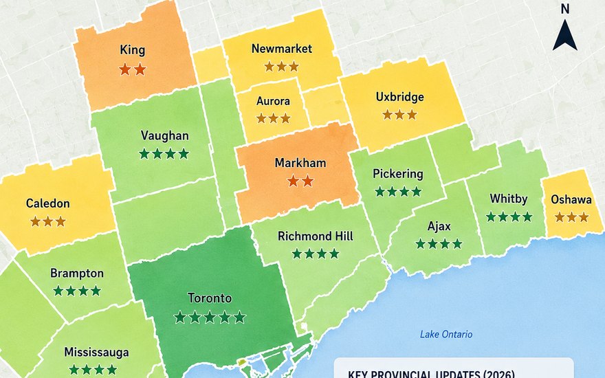 Map of GTA municipalities colour-coded by 2026 garden suite policy