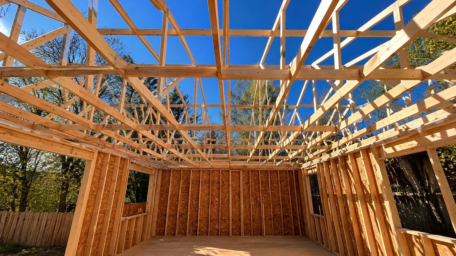 Wood framing of a garden suite under construction in a Toronto backyard