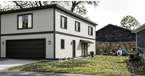 Modern two-storey garden suite with black trim