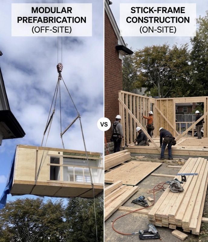 Modular prefabrication off-site vs stick-frame construction on-site comparison